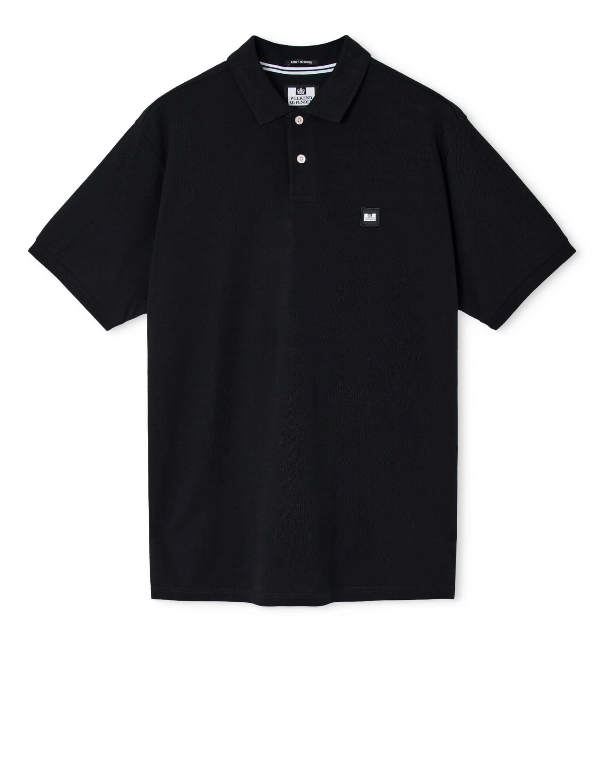 Black polo shirt with a small logo on a white background