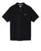 Black polo shirt with a small logo on a white background