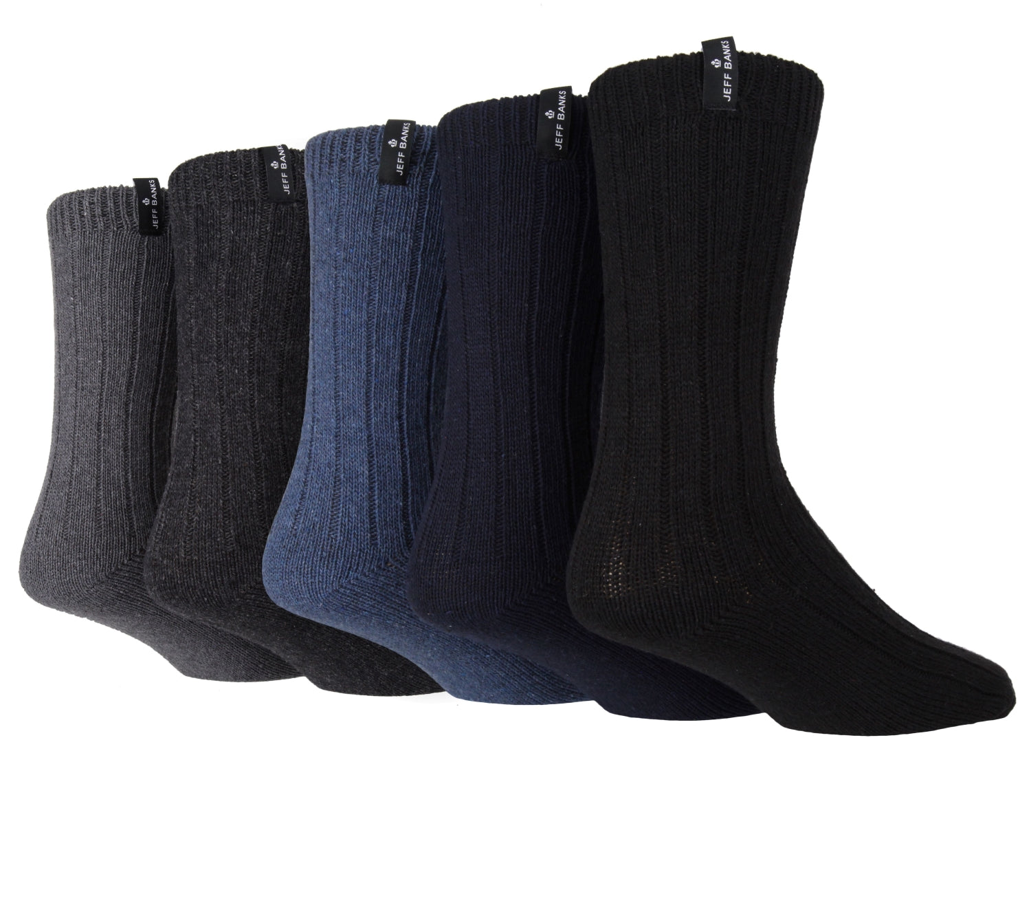 Jeff Banks Men's 5 Pack Wool Mix Rib Boot Socks - Blue / Black / Charcoal / Grey