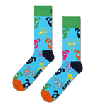 A pair of crew socks with a bright blue background, featuring a colorful pattern of cartoon teddy bears, green and navy cuffs and heels, orange toes, and the word 'HAPPY' printed in black near the foot.