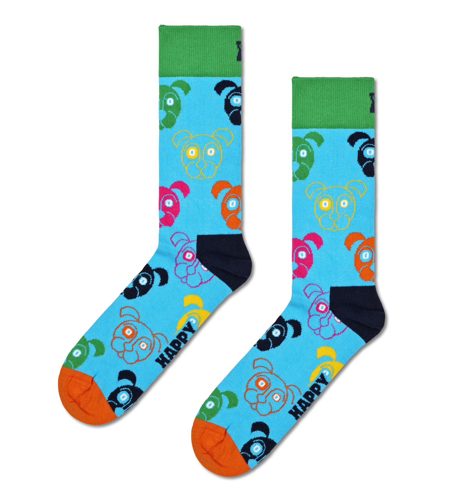 A pair of crew socks with a bright blue background, featuring a colorful pattern of cartoon teddy bears, green and navy cuffs and heels, orange toes, and the word 'HAPPY' printed in black near the foot.