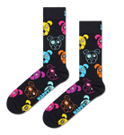 A pair of black crew socks with a colorful cartoon dog pattern and the word 'HAPPY' printed on the foot, displayed against a solid white background.