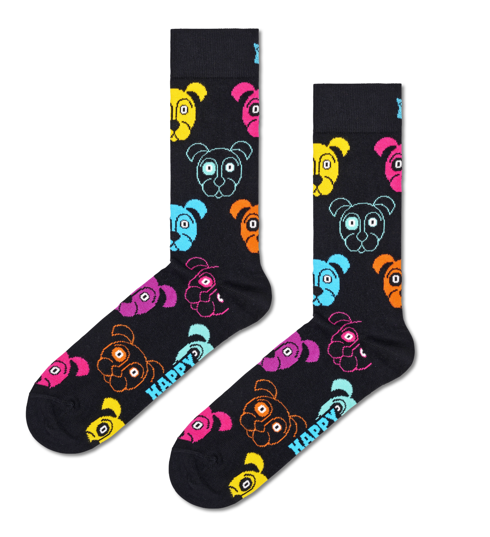 A pair of black crew socks with a colorful cartoon dog pattern and the word 'HAPPY' printed on the foot, displayed against a solid white background.