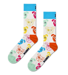 A pair of crew socks with a white base, featuring a colorful cartoon bear face pattern, a bright blue cuff, and orange heels. The brand name 'Kippy' is printed in black along the sole of one sock.
