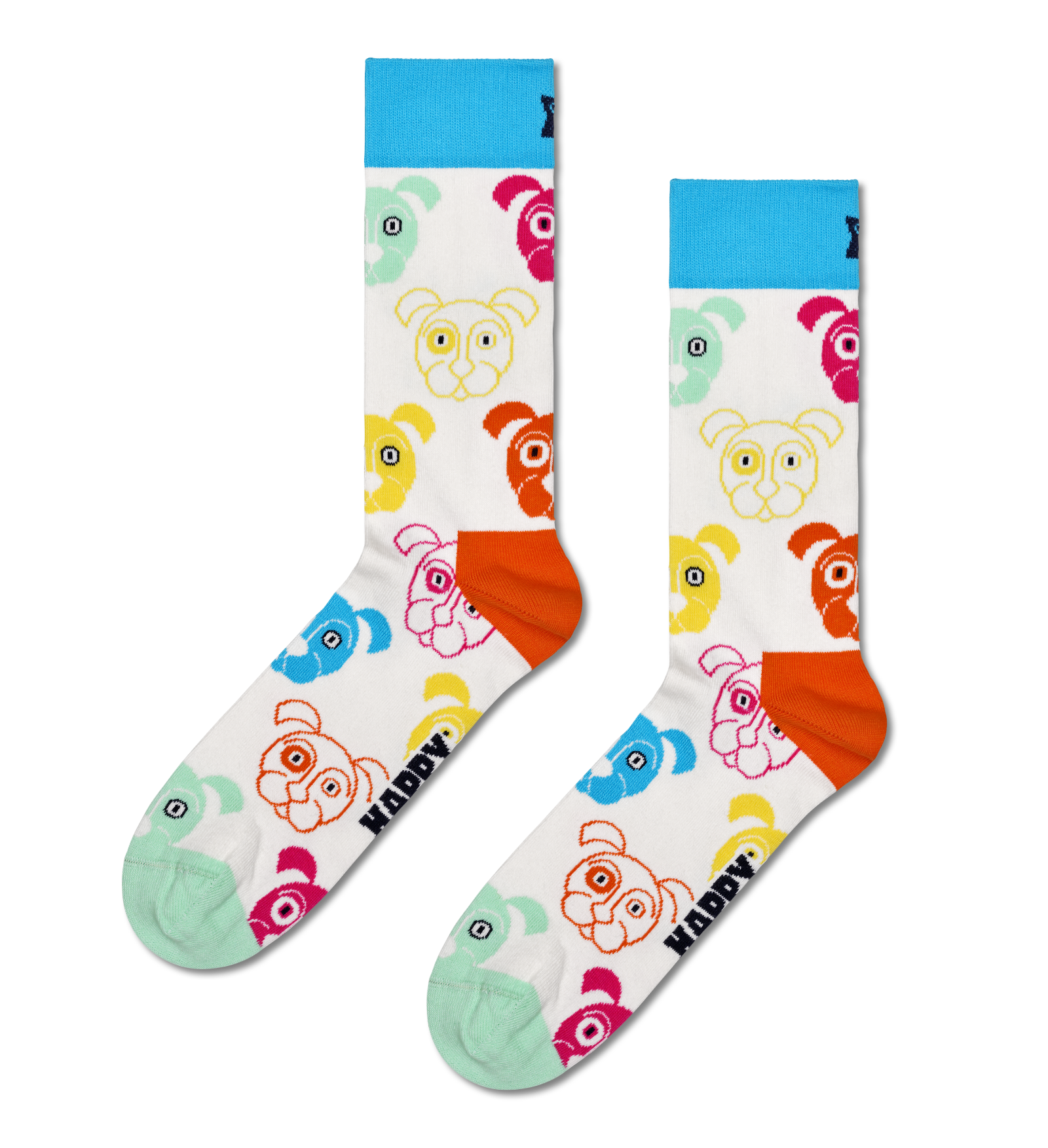A pair of crew socks with a white base, featuring a colorful cartoon bear face pattern, a bright blue cuff, and orange heels. The brand name 'Kippy' is printed in black along the sole of one sock.