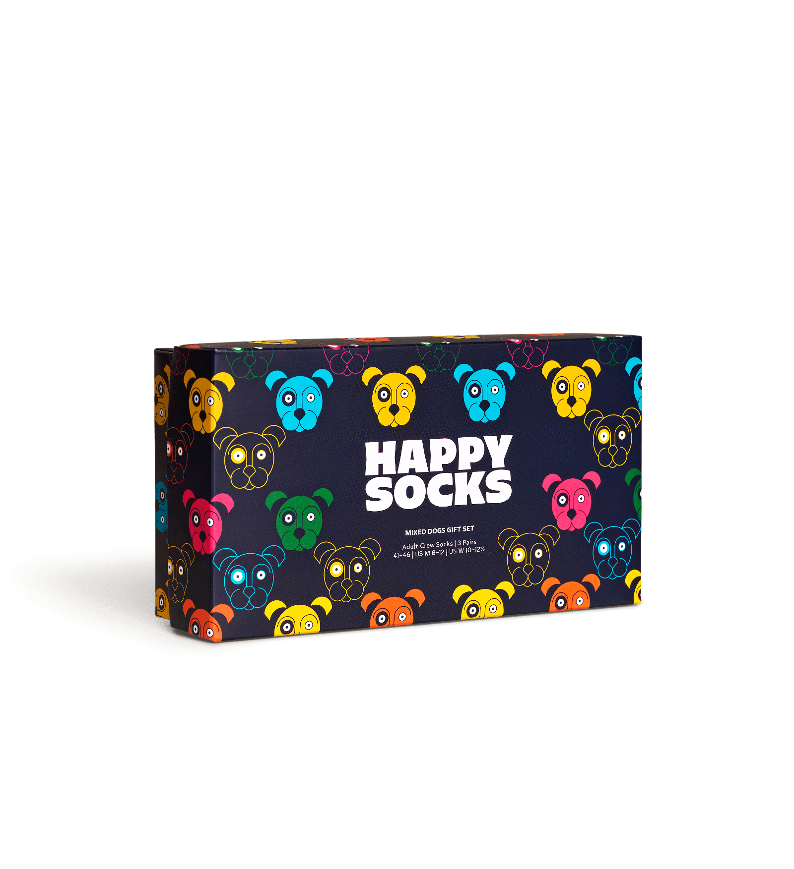 A rectangular gift box for a socks set, featuring a dark navy background covered in colorful cartoon sock-puppet faces and large white text reading 'HAPPY SOCKS'.