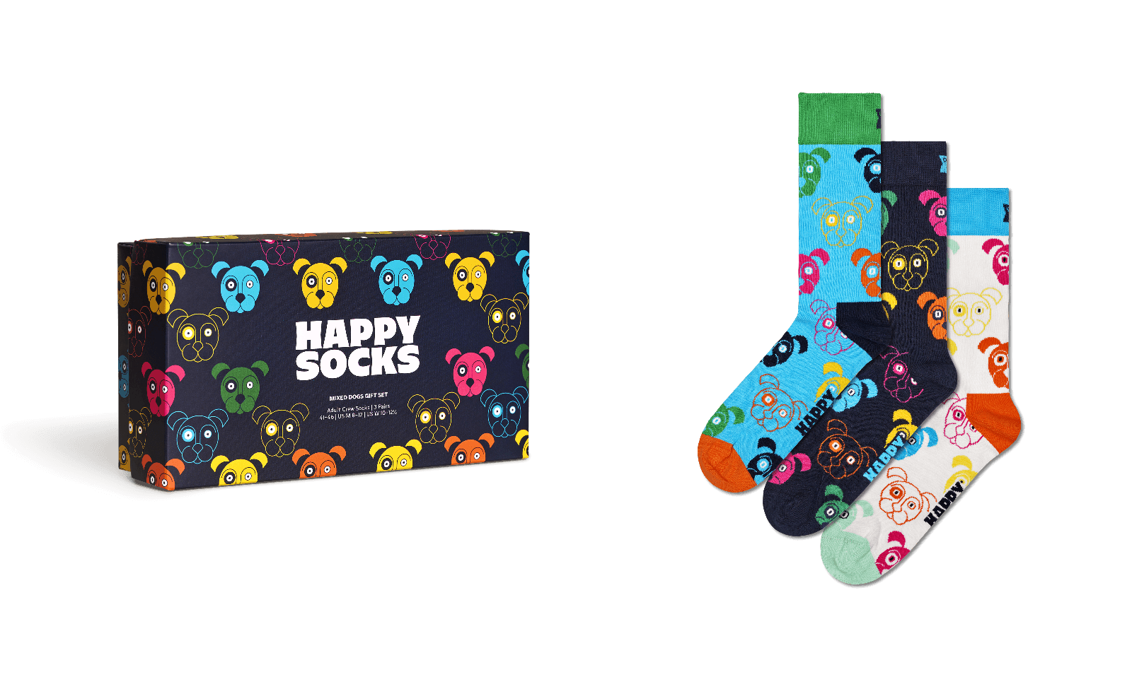 Happy Socks brand sock gift set featuring a dark navy box with colorful cartoon bear faces and the words 'HAPPY SOCKS' in white, alongside three pairs of patterned crew socks in blue, navy, and white with multicolored bear faces and orange toes.