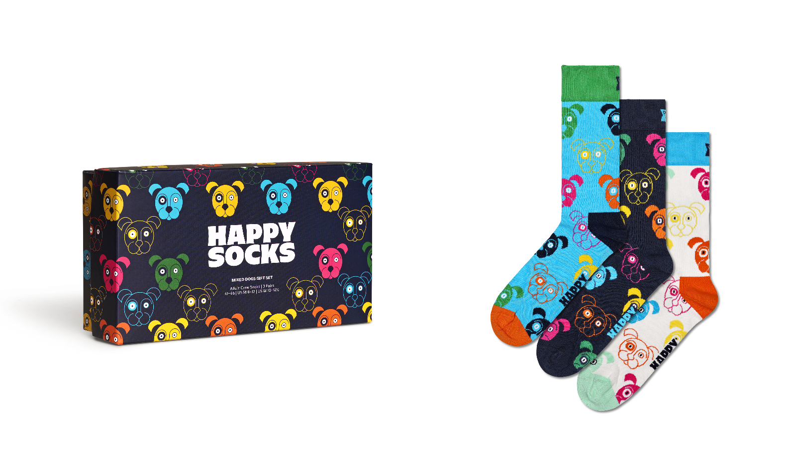 Happy Socks brand sock gift set featuring a dark navy box with colorful cartoon bear faces and the words 'HAPPY SOCKS' in white, alongside three pairs of patterned crew socks in blue, navy, and white with multicolored bear faces and orange toes.