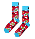 A pair of crew socks with a red and blue comic book theme, featuring the word 'DAD' in yellow inside white comic-style bursts, with black cat silhouettes and small yellow stars. The socks have light blue cuffs, heels, and toes, and a small black cat logo is visible on the cuff.