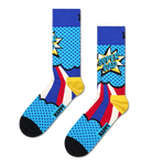 A pair of crew socks with a vibrant comic book pop-art design, featuring blue polka-dot clouds, red and yellow starburst shapes, and the words 'SUPER DAD' and 'HAPPY'.