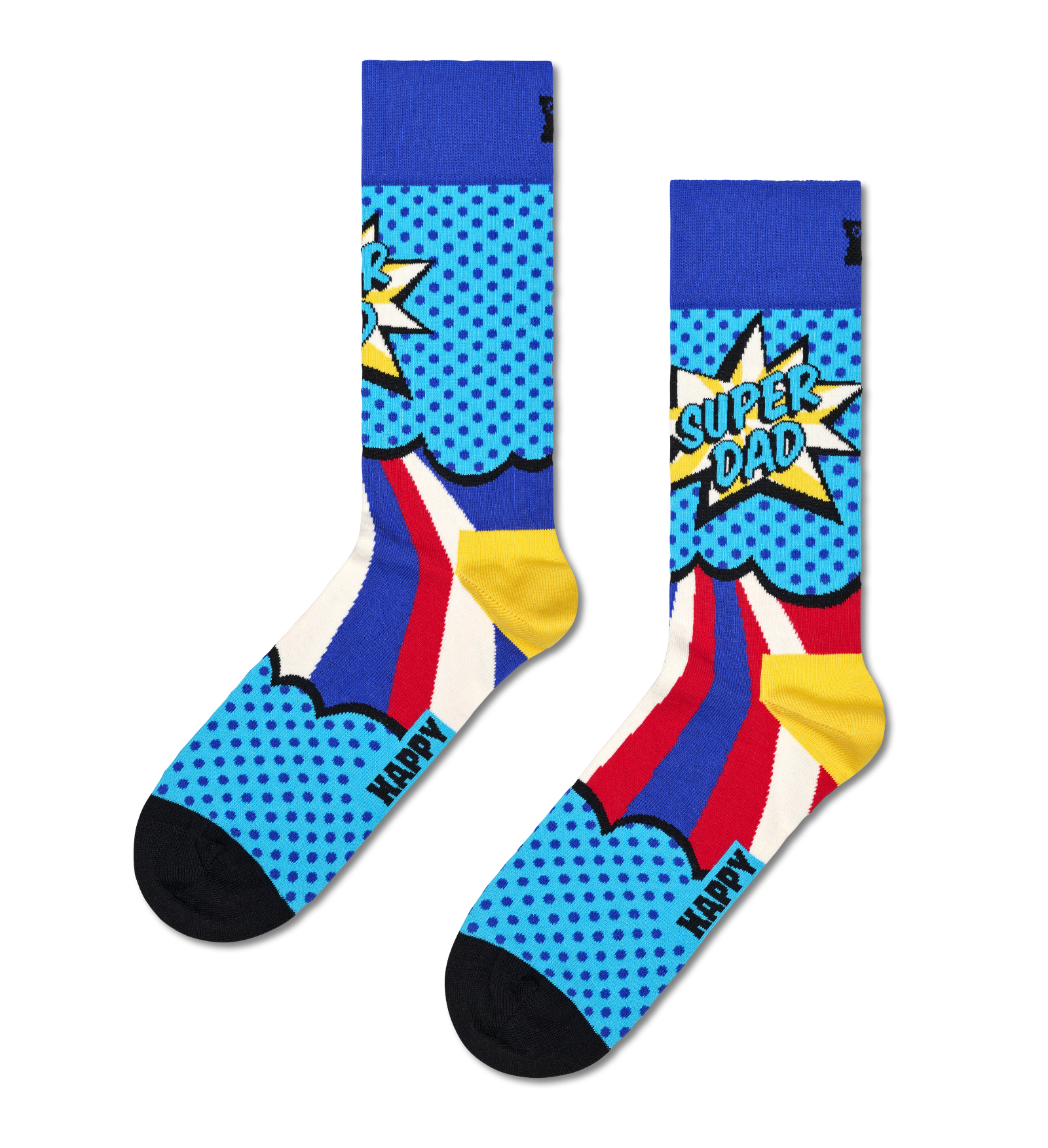 A pair of crew socks with a vibrant comic book pop-art design, featuring blue polka-dot clouds, red and yellow starburst shapes, and the words 'SUPER DAD' and 'HAPPY'.