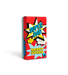 A novelty sock box for 'Super Dad' featuring a bold comic-book style design with red, blue, yellow, and white starburst graphics on a clean white background.