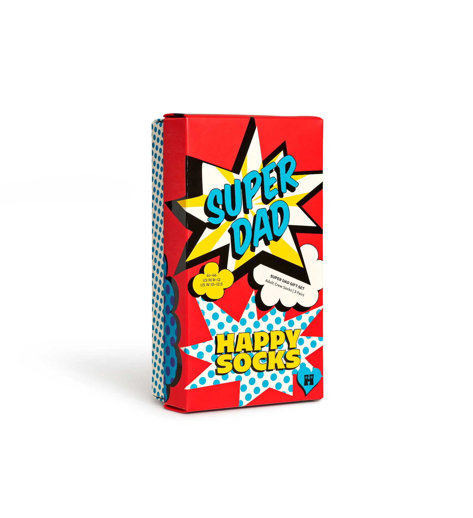 A novelty sock box for 'Super Dad' featuring a bold comic-book style design with red, blue, yellow, and white starburst graphics on a clean white background.