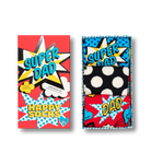 Boxed set of three novelty socks with comic-book style packaging. The left box reads 'SUPER DAD HAPPY SOCKS' in bold comic-style graphics, and the right side shows the open box containing three patterned socks: blue with white polka dots, black with white polka dots, and red with comic burst graphics.