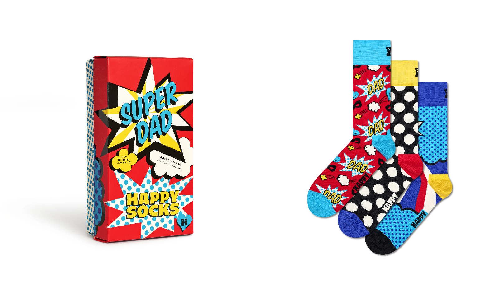 Happy Socks 'Super Dad' gift set featuring a red comic-book style box with 'SUPER DAD' and 'HAPPY SOCKS' text, alongside three colorful patterned socks with polka dots, stars, and comic burst designs on a white background.