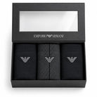 Emporio Armani men's gift set containing three pairs of black dress socks in a black presentation box with a clear window and the brand logo.