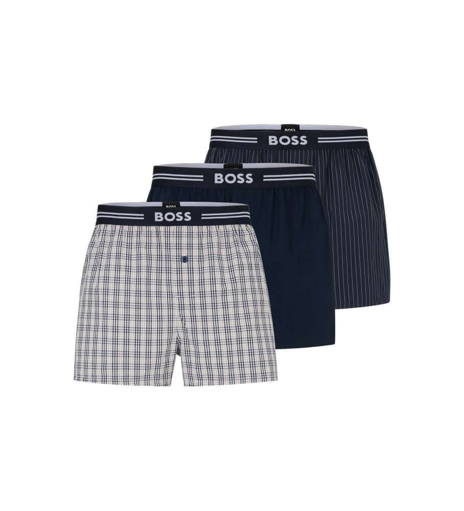 Boss 3 Pack Cotton Woven Boxers - Navy Multi ( Pyjama Boxer Shorts )
