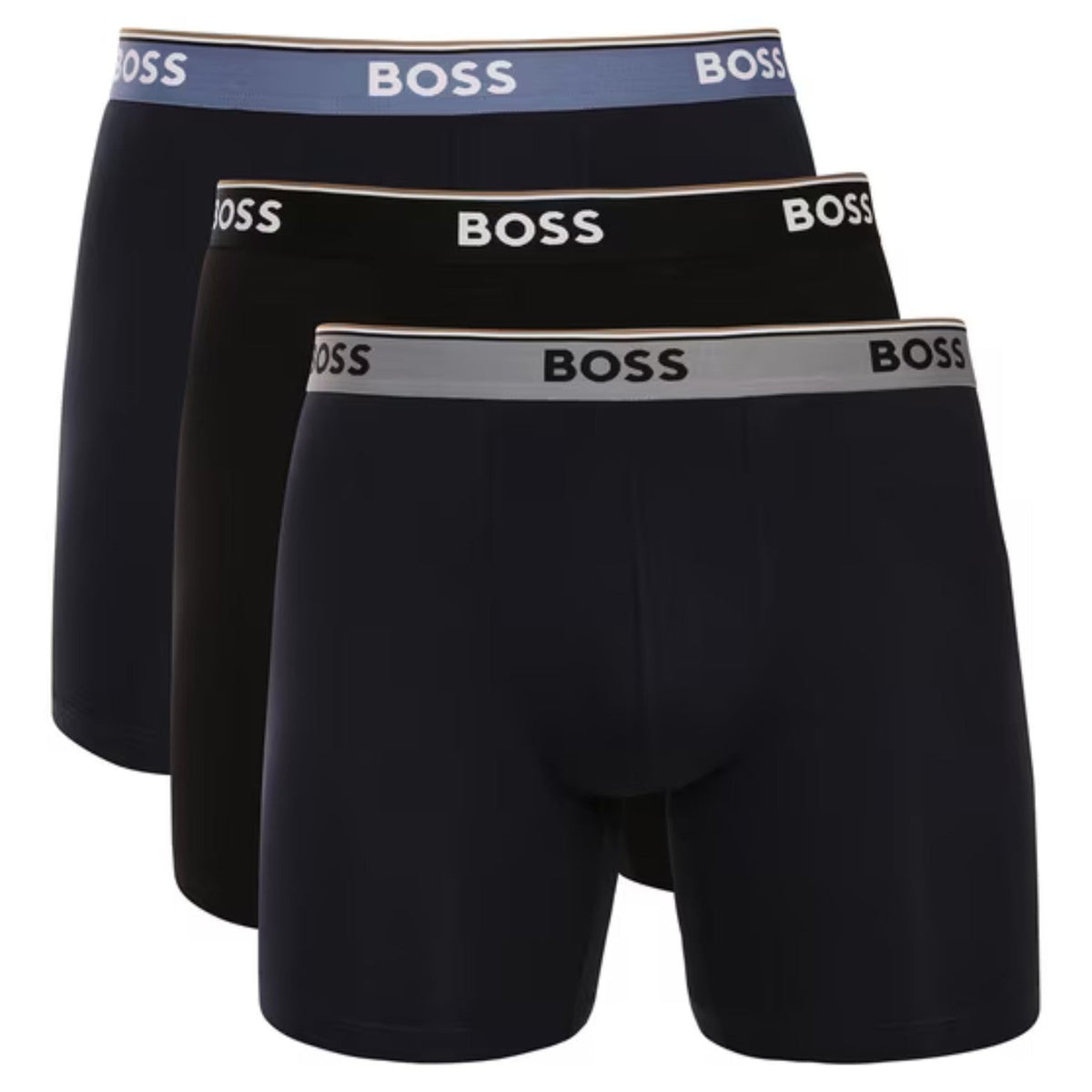 BOSS long-leg boxer briefs 3 pack black with blue black and grey logo waistbands