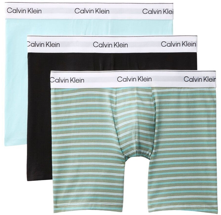 Calvin Klein Icon Cotton Stretch 3 Pack Boxer Briefs 40M aqua black and striped green colourway, pack front