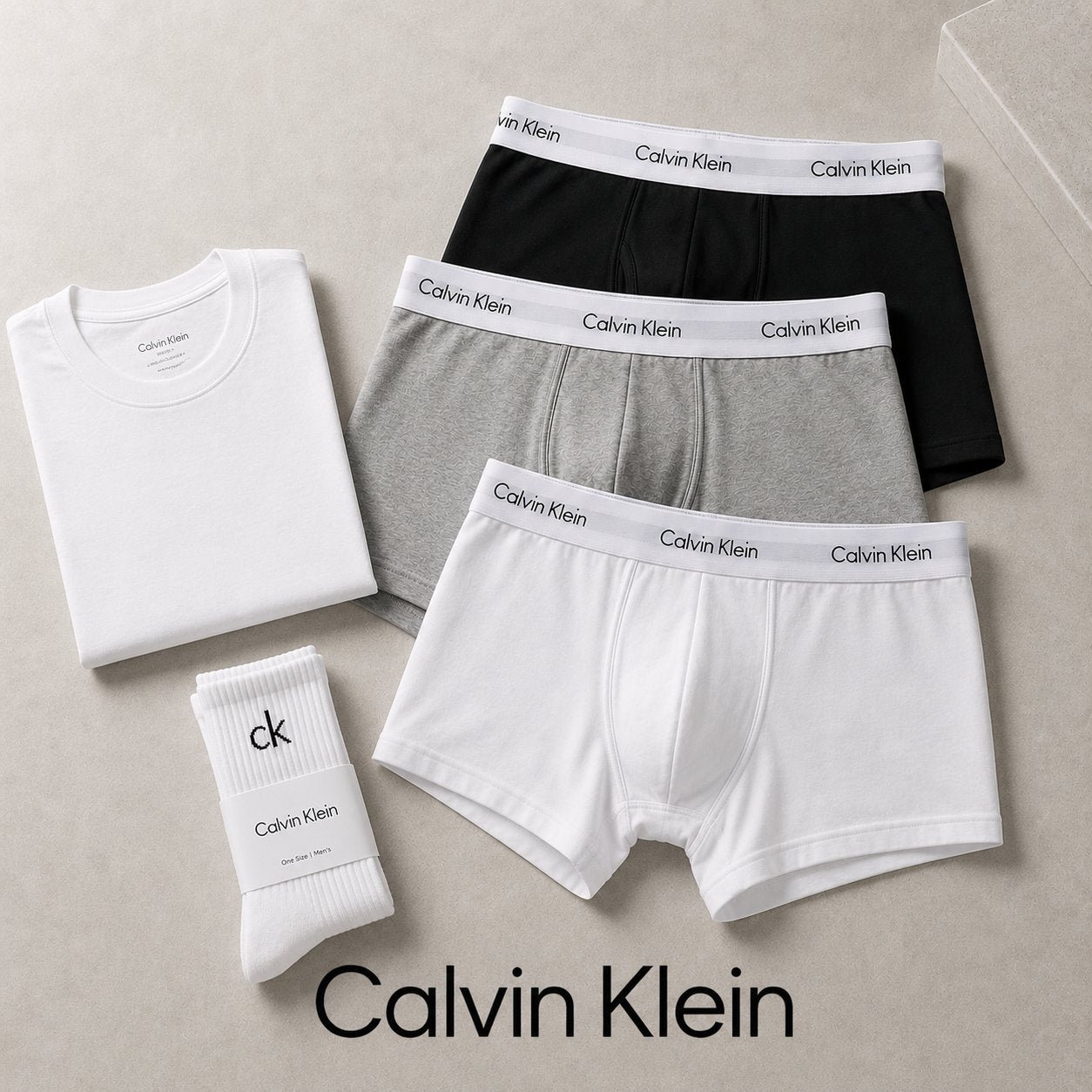 Calvin Klein men’s underwear, T-shirts and socks.
