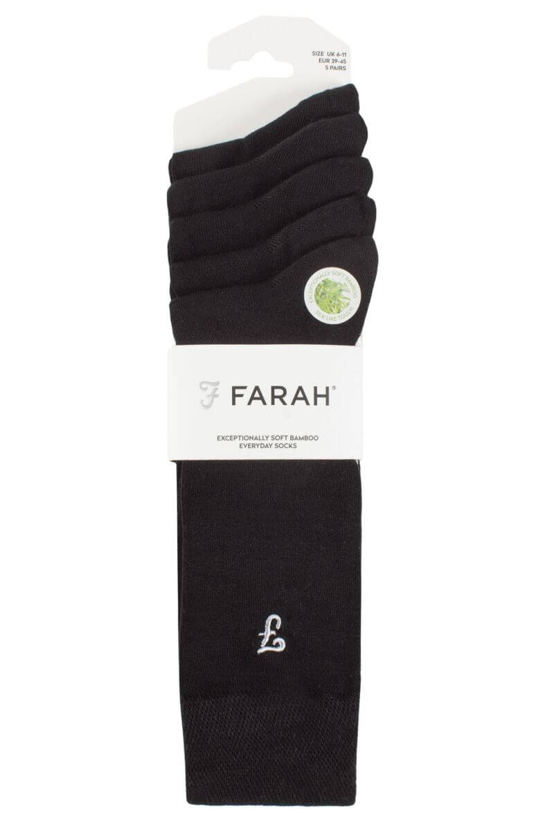 Farah Men’s 5 Pack Bamboo Socks – Contrast Heel & Toe with Embroidered Leg (UK 6-11)