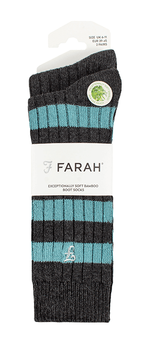 Farah Men's Bamboo BOOT Socks 2 Pack Socks (6-11 ) -Charcoal/Teal