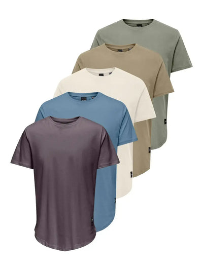 ONLY & SONS Onsmatt Longy Crew Neck Tee 5-Pack | Classic Men’s Cotton T-Shirts