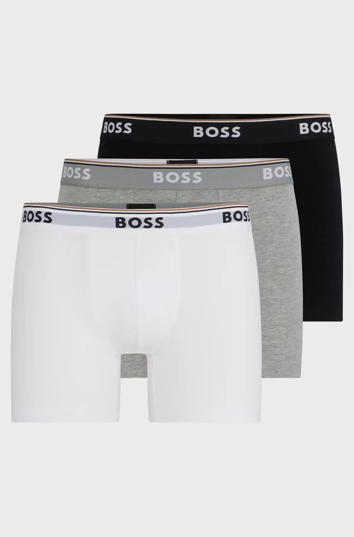 BOSS – 3 Pack Stretch Cotton Boxer Briefs with Logo Waistbands – White / Grey / Black