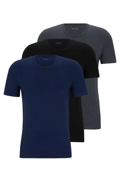 BOSS 3 Pack Regular Fit Cotton T-Shirts Logo Embroidered - Black / Grey / Blue