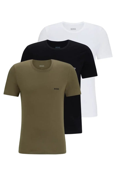 BOSS 3 Pack Regular Fit Cotton T-Shirts Logo Embroidered - Green / Black / white