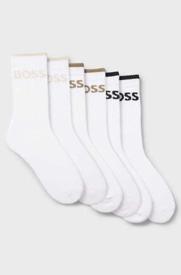 BOSS 6-Pack Ribbed Quarter Socks in Cotton Blend with Logo Stripes