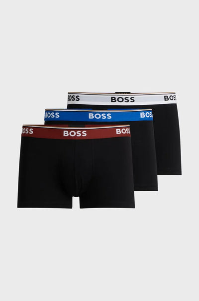 BOSS 3 Pack of Stretch-Cotton Trunks - Black with Coloured Waistbands