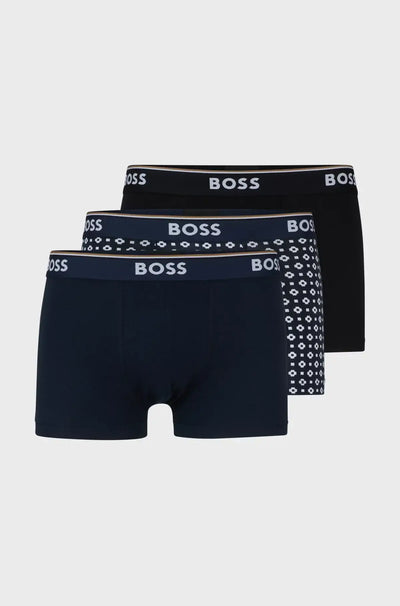BOSS 3 Pack of Stretch-Cotton Trunks - Black / Blue Design Print