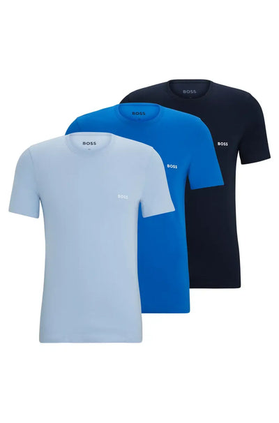 BOSS 3 Pack Regular Fit Cotton T-Shirts Logo Embroidered - Blues