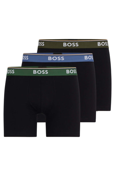 BOSS 3 Pack of Stretch Cotton Boxer Briefs - Black with Green / Blue / Olive Waistbands