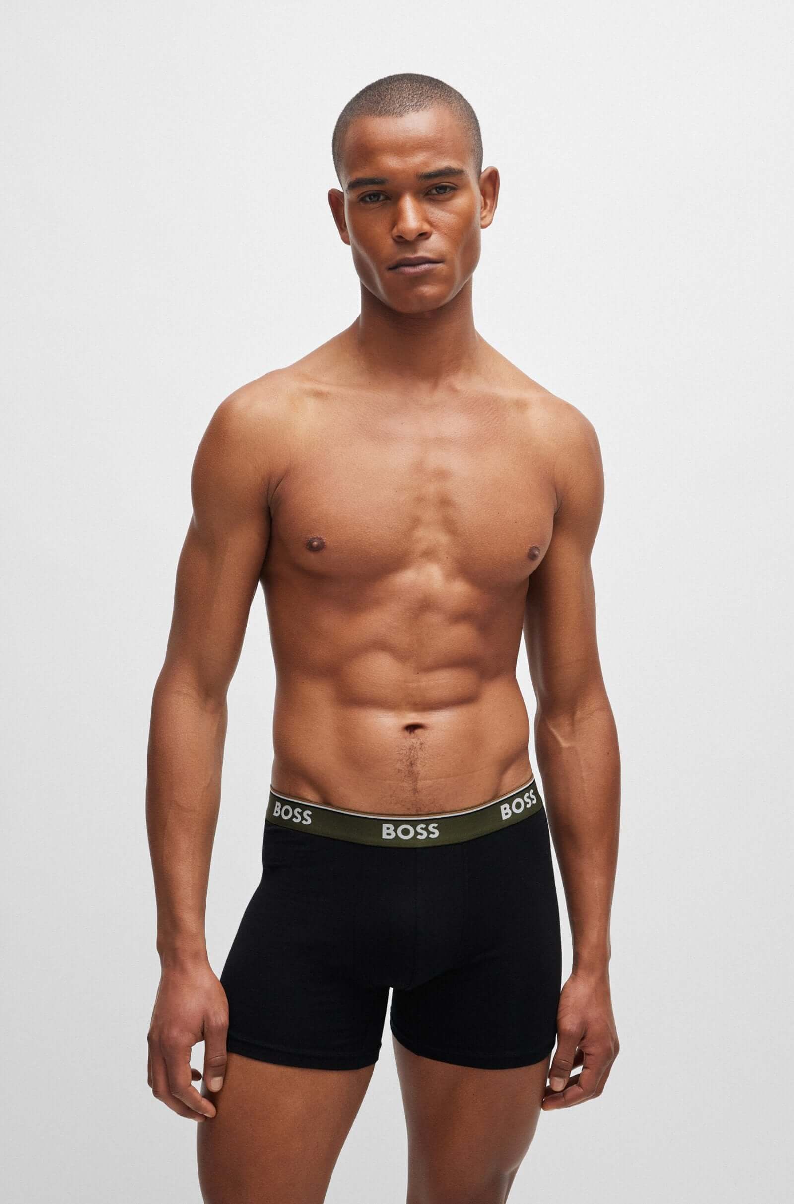 Boss 3 Pack of Stretch Cotton Boxer Briefs - Black with Green/Blue/Olive Waistbands