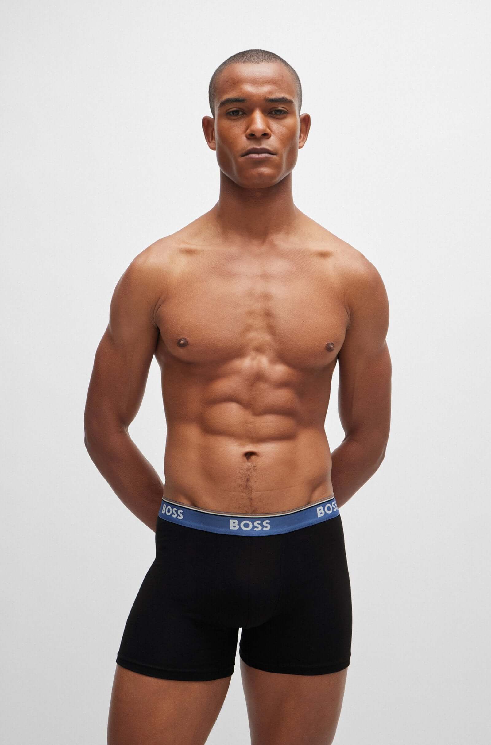 Boss 3 Pack of Stretch Cotton Boxer Briefs - Black with Green/Blue/Olive Waistbands