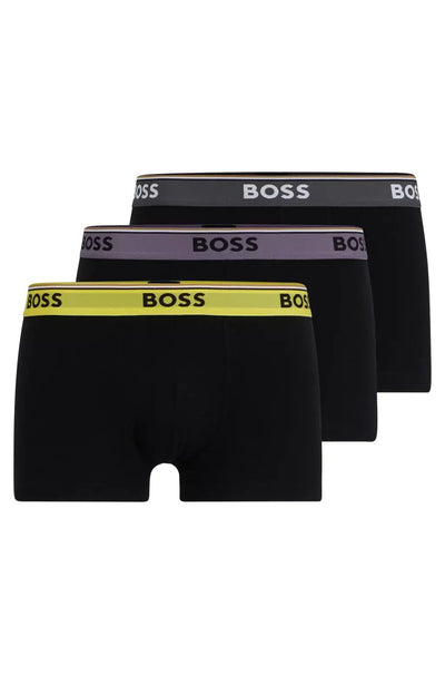 BOSS 3 Pack of Stretch-Cotton Trunks - Black with Yellow / Purple / Charcoal Waistbands