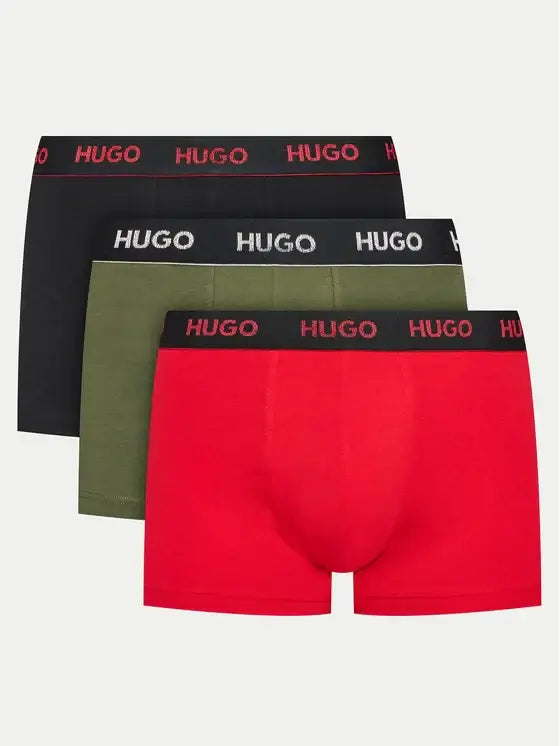 Hugo 3 Pack Stretch Cotton Trunks with Logo Waistbands - Red/Olive/Black