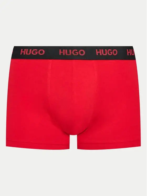 Hugo 3 Pack Stretch Cotton Trunks with Logo Waistbands - Red/Olive/Black