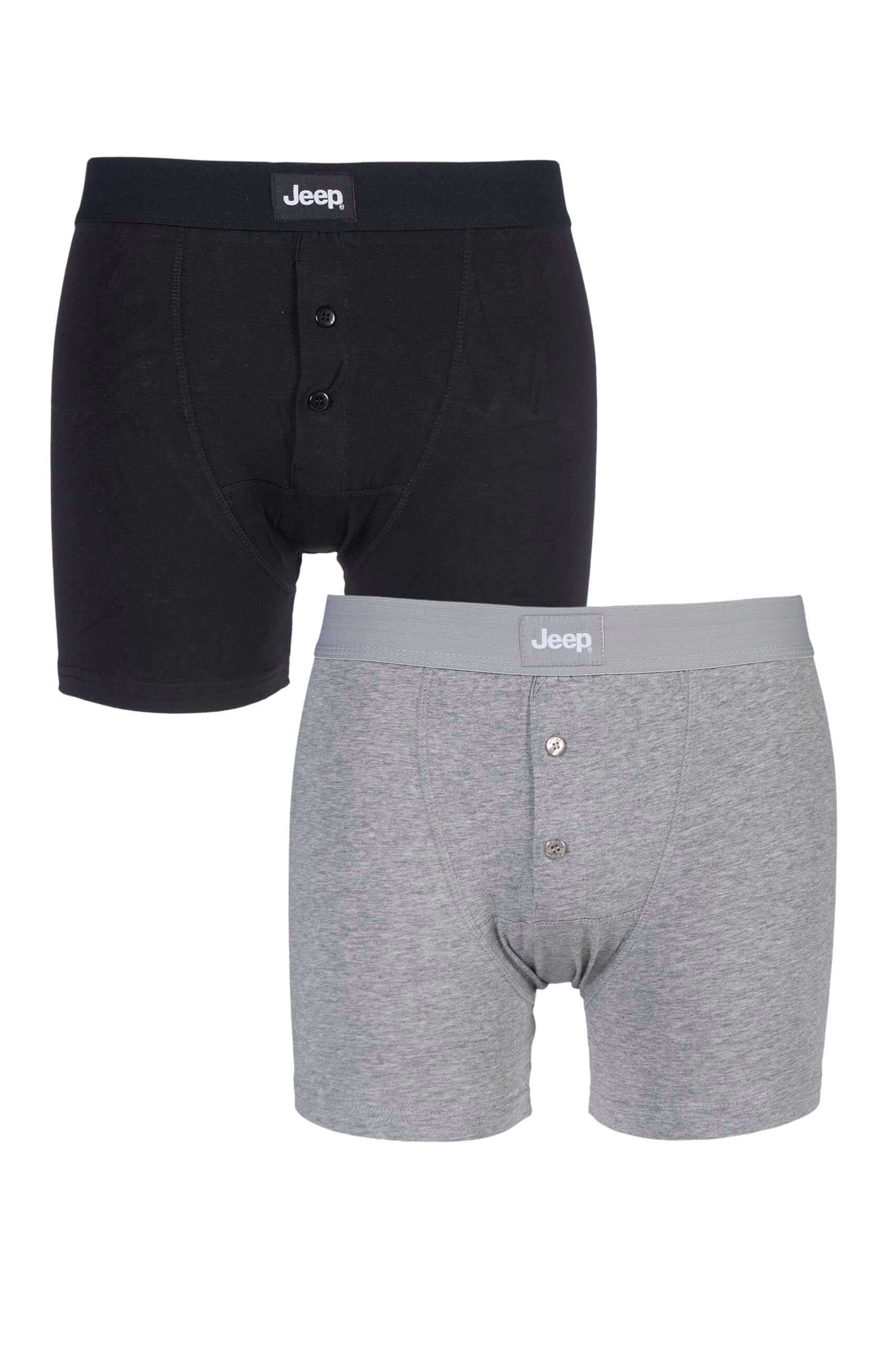 Jeep Men’s 2 Pack Cotton Plain Button Front Trunk Boxer Shorts - Black/Grey
