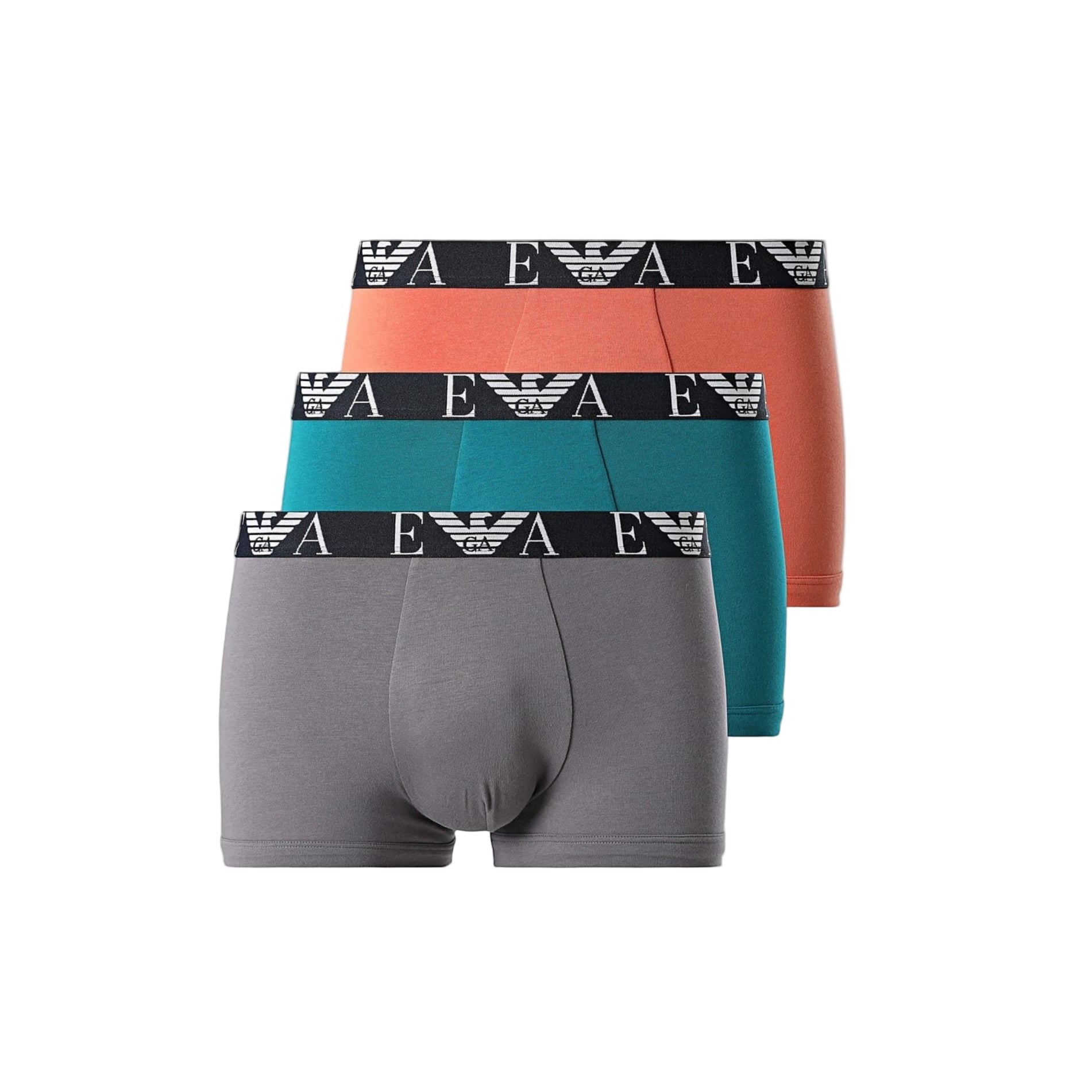Three pairs of men's underwear with branded waistbands on a gray background