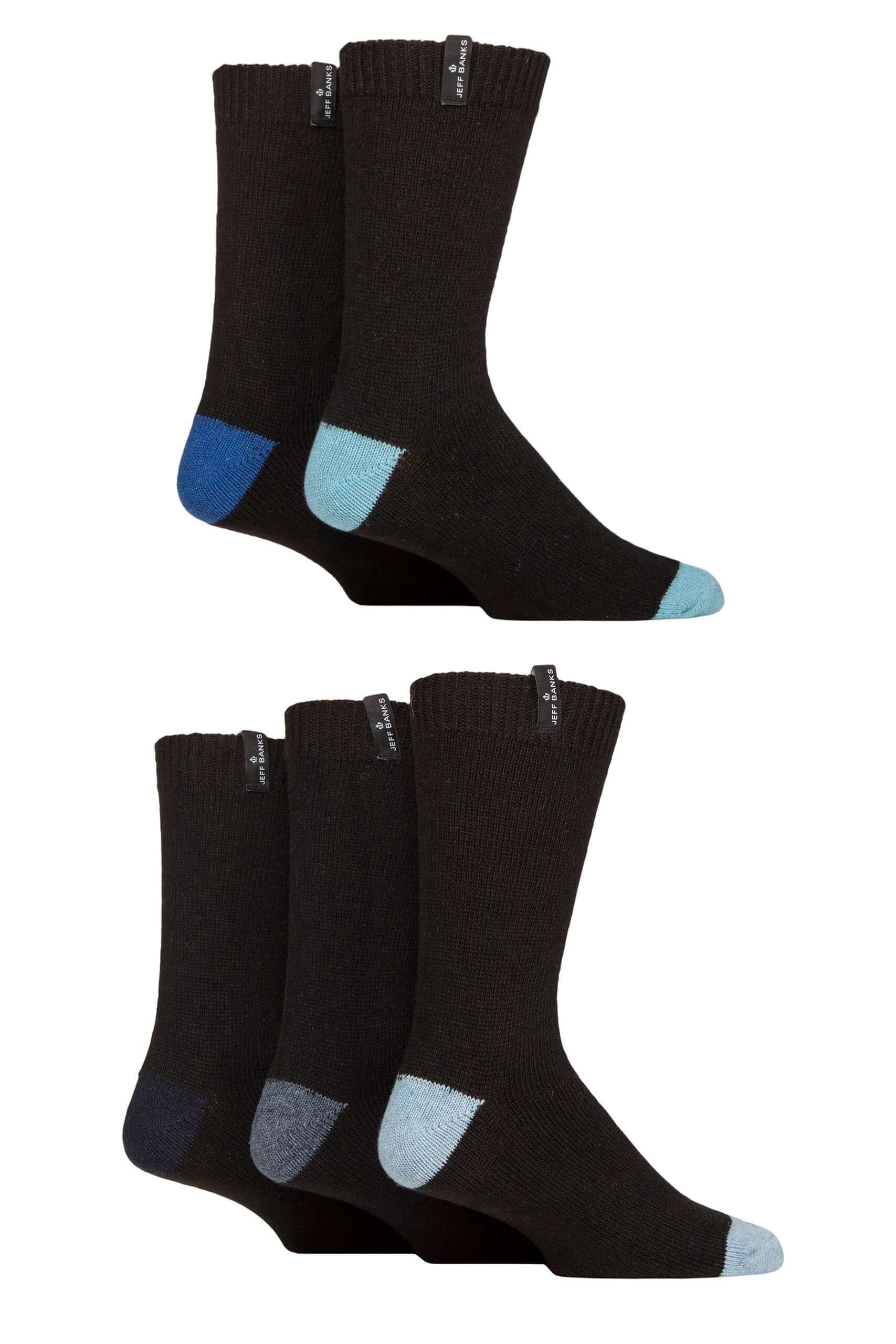 Mens 5 Pair Jeff Banks Recycled Wool Boot Socks – Black, Blue & Charcoal