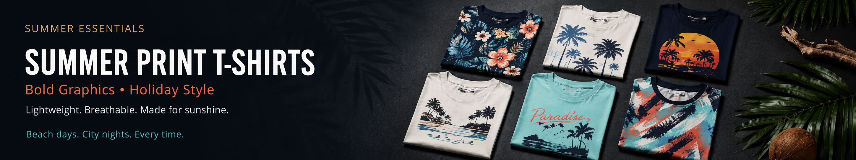 Collection of summer print t-shirts with graphics on a black background