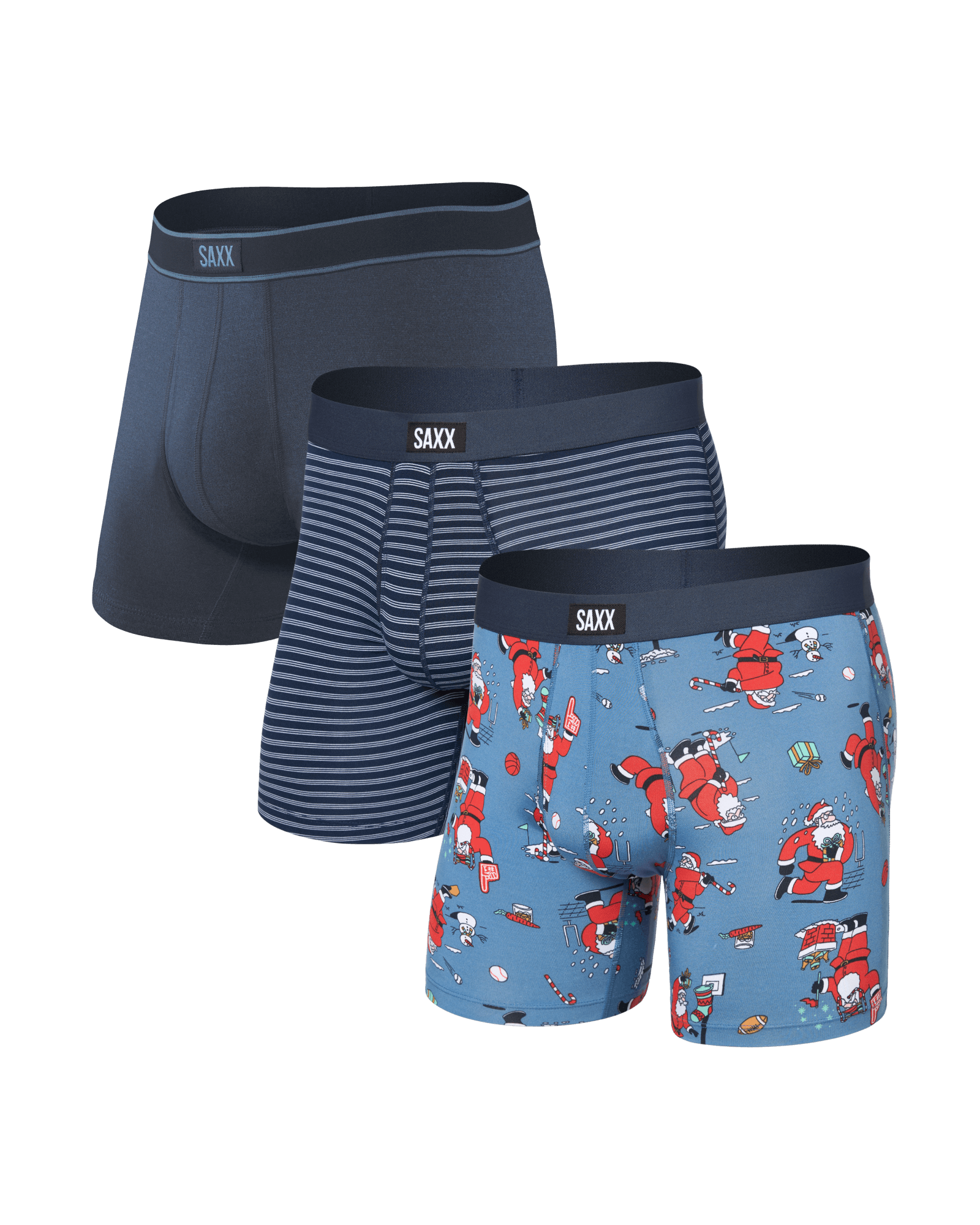 SAXX Daytripper 3 Pack Boxer Briefs – Holiday Edition Santathalon / Stripe / Navy