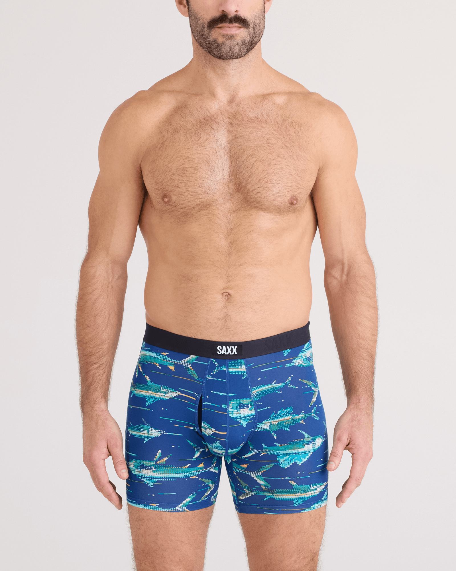 Saxx Underwear Vibe Xtra Soft Comfort Boxer Brief 6" - Digi Fish, Sapphire
