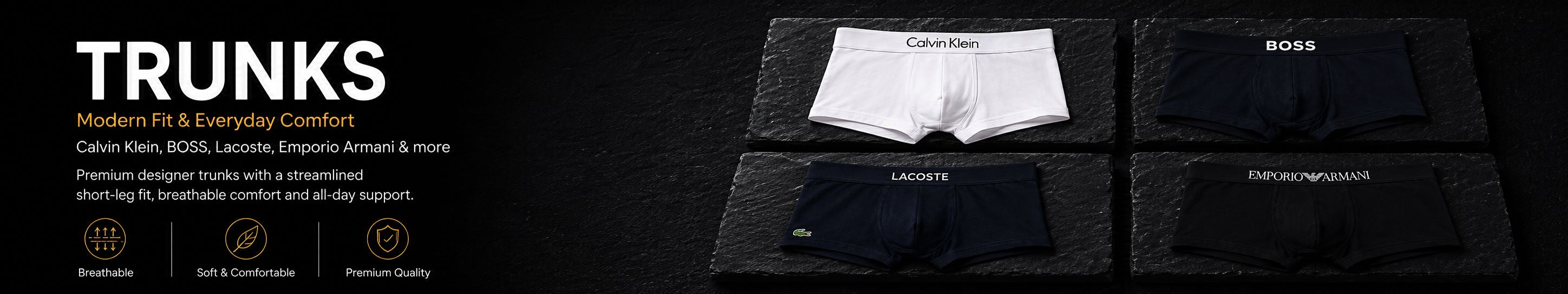 Shop men’s trunks from premium designer brands including Calvin Klein, Tommy Hilfiger, Emporio Armani, Boss and Lacoste, available in cotton stretch, modal and performance fabrics. Choose from single pairs and multipack options for all-day wear and lasting comfort.