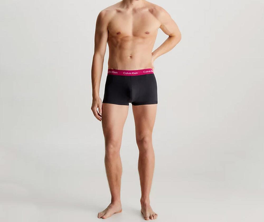 Calvin Klein 3 Pack Low Rise Trunks – Cotton Stretch – Black with Coloured Waistbands