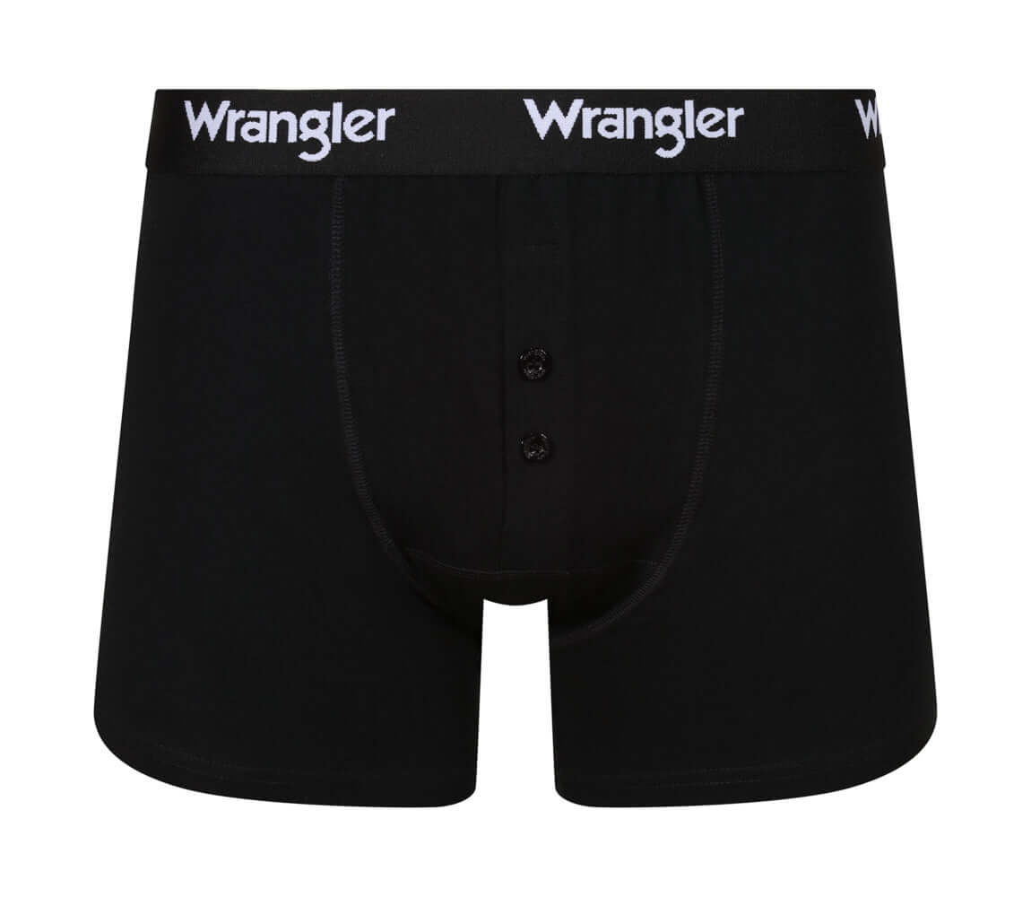 Wrangler Tait Button Fly Men’s Boxer Trunks 3 Pack – White, Grey & Black Cotton Underwear