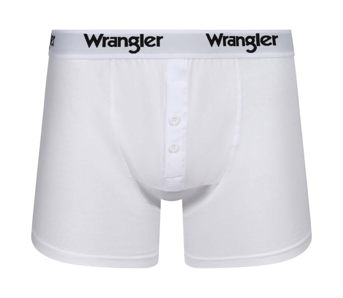 Wrangler Tait Button Fly Men’s Boxer Trunks 3 Pack – White, Grey & Black Cotton Underwear